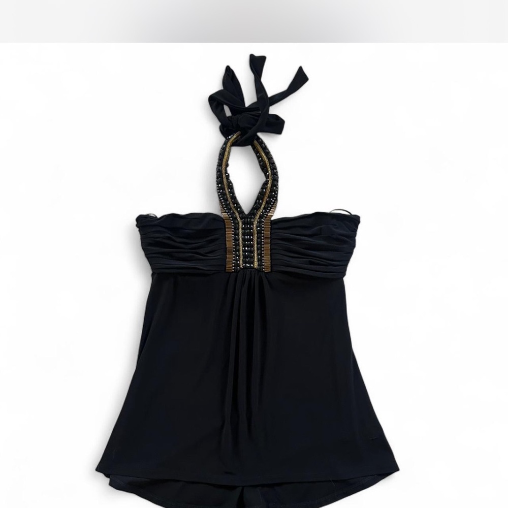 Cache Black Halter Top with Gold Accents